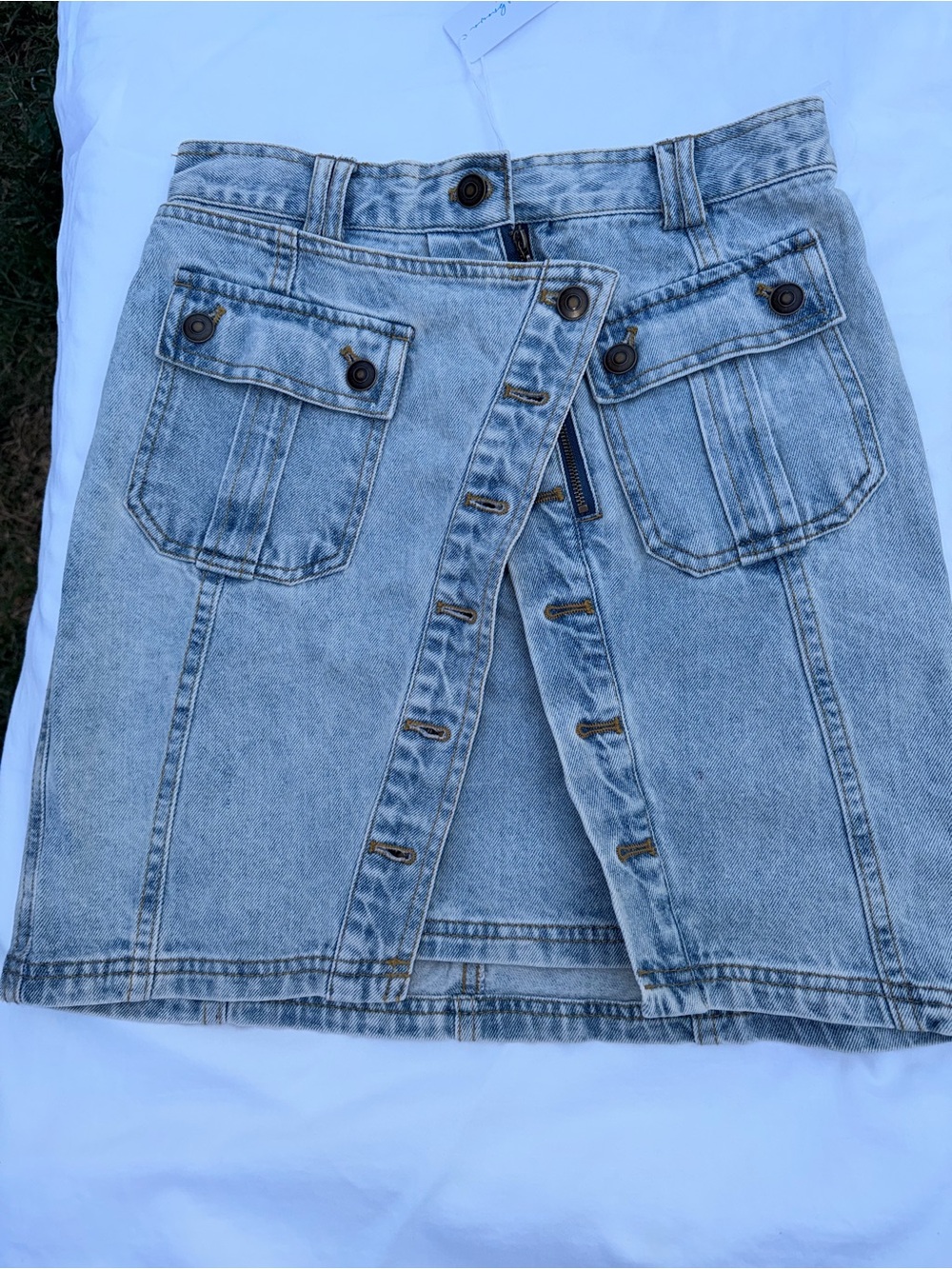 Button-Front Light Wash Denim Mini Skirt